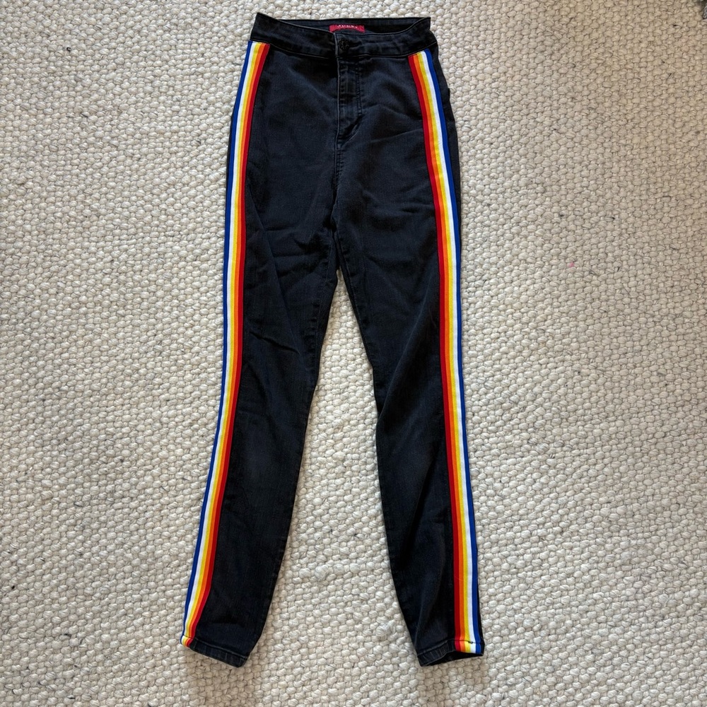 GUESS High Waisted Black Jeans with Colourful Rainbow Stripe